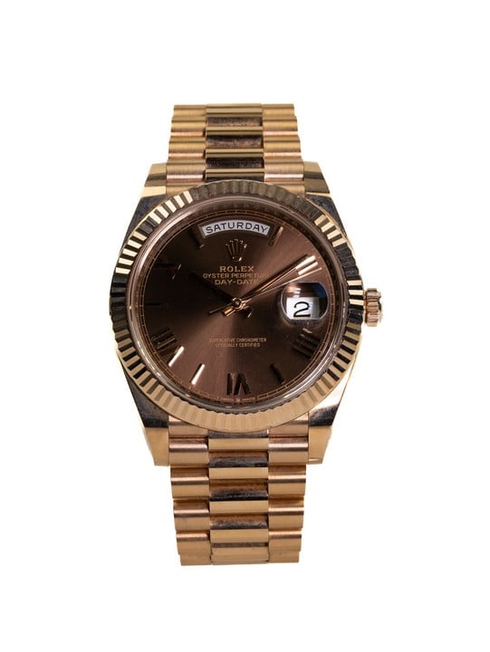 Rolex Day-Date 40 Rose Gold Automatic Watch - Case: 18ct Rose Gold with 18ct Rose Gold Fluted Bezel, Chocolate Dial with Roman Numeral Hour Markers and Day/Date Aperture - Bracelet: 18ct Rose Gold President Link