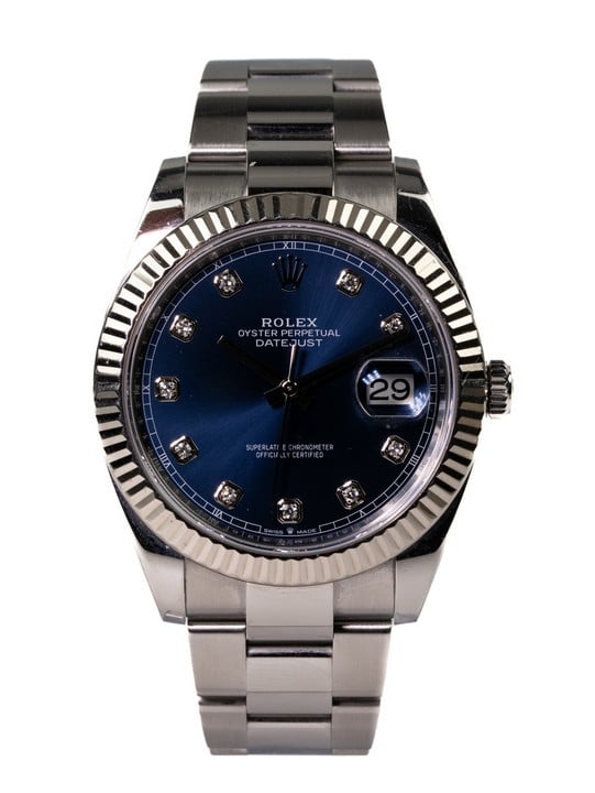 Rolex Datejust 41 Automatic Watch - Case: Stainless Steel Case with 18ct Fixed Fluted Bezel, Blue Dial with Diamond Set Hour Markers - Bracelet: Stainless Steel Oyster