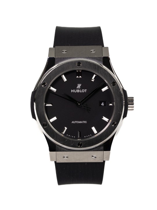 Hublot Classic Fusion Titanium Automatic Watch - Case: Stainless Steel Case with Stainless Steel Fixed Bezel and Black Dial - Bracelet: Rubber Strap with Stainless Steel Hublot Deployment Buckle