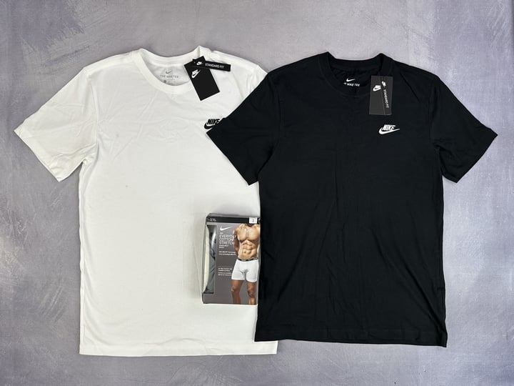 Nike Core T-Shirts White & Black With Tags - Size S And 2 Pairs Nike Everyday Cotton Stretch Boxer Briefs In Box - Size S (VAT ONLY PAYABLE ON BUYERS PREMIUM)