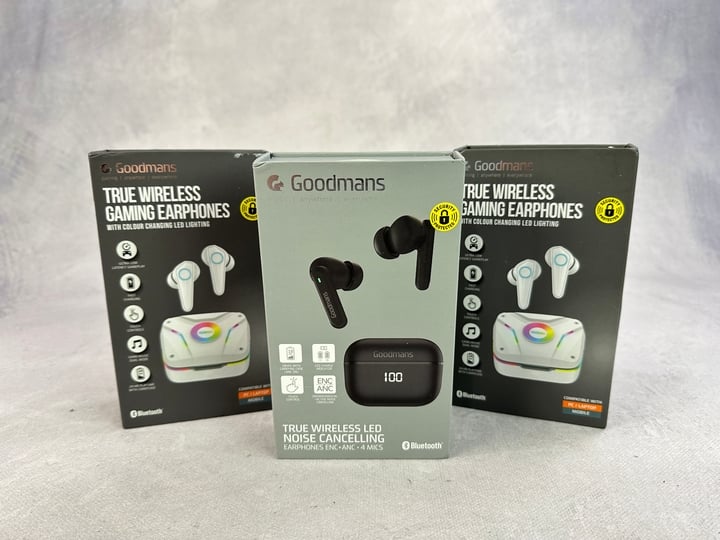 Goodmans Wireless Bluetooth Earphones 3x Units Sealed (MPSD46597264) (VAT ONLY PAYABLE ON BUYERS PREMIUM)