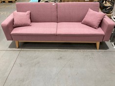 TWO SEATER SOFA BED PINK COLOUR INCLUDING CUSHIONS WOODEN LEGS (BROKEN AT THE BOTTOM).