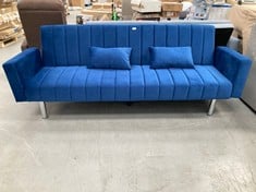 NAVY BLUE SOFA BED WITH CUSHIONS AND METAL LEGS (BROKEN IN UPPER RIGHT CORNER).