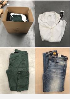 BOX CONTAINING A QUANTITY OF SOILED OR TORN CLOTHING INCLUDING JACK AND JONES GREEN JEANS.