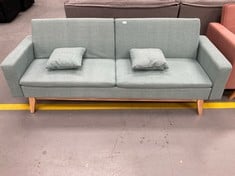 TURQUOISE TWO SEATER SOFA WITH TWO CUSHIONS AND WOODEN LEGS.