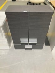 BATHROOM CABINET WITH TWO DOORS AND DARK GREY DRAWER.