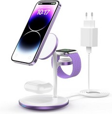 3 X INDUCTIVE CHARGING STATION, 3 IN 1 WIRELESS CHARGING STATION CHARGER, WIRELESS CHARGER COMPATIBLE WITH MAG SAFE CHARGER FOR IPHONE 14 13 12 PRO MAX/PLUS APPLE WATCH 8 PURPLE.