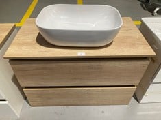 BATHROOM VANITY UNIT WITH WASHBASIN IN OAK COLOUR WITH TWO DRAWERS .