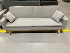 TWO SEATER SOFA BED GREY COLOUR INCLUDING CUSHIONS WOODEN LEGS (BROKEN IN BACK CORNER).