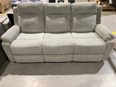 THREE SEATER GREY RECLINING SOFA (STAINED BACK).