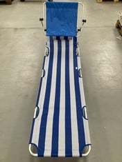 CREVI COSTA FOLDING SUN LOUNGER WITH BLUE AND WHITE AWNING.