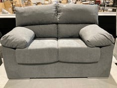 TWO SEATER PADDED SOFA, GREY COLOUR (BROKEN AT THE BACK).