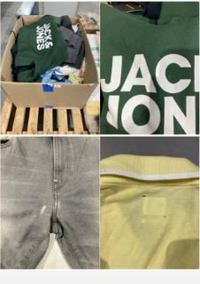 PALLET OF DIRTY OR TORN CLOTHES INCLUDING GREEN JACK AND JONES SWEATSHIRT SIZE L .