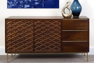 WONSTON DARK WOOD STAIN BRONZE STYLE METAL 2 DOOR 3 DRAWER SIDEBOARD 155 X 48 X 69CM