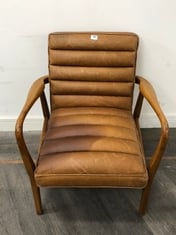 DATSUN ARMCHAIR IN BROWN LEATHER / OAK - RRP £512 (LOCATION A)