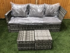 3 SEATER RATTAN END SOFA PART IN GREY WITH 2 X FOOTSTOOLS (PART ONLY)