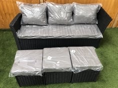 3 SEATER RATTAN END SOFA PART IN BLACK / GREY WITH 3 X FOOTSTOOLS (PART ONLY)