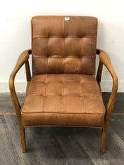 DATSUN ARMCHAIR IN BROWN LEATHER / OAK - RRP £512 (LOCATION A)