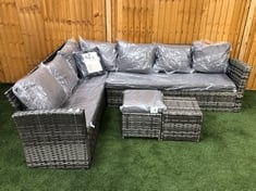 2 SEATER, CORNER, 3 SEATER RATTAN GARDEN SOFA IN GREY WITH 2 X FOOTSTOOLS (LOCATION A)