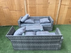 2 X MIXED GREY RATTAN 3 SEATER GARDEN SOFA SET WITH RECTANGLE FOOTSTOOL WITH CUSHION IN GREY