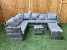 6 SEATER RATTAN GARDEN FURNITURE SET IN GREY WITH GREY CUSHIONS TO INCLUDE RECTANGULAR SIDE TABLE, 1 X SMALL STOOL AND FURNITURE COVER IN BLACK