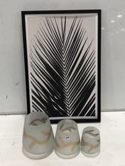 SET OF 3 MISTRAL HURRICANE VASES IN WHITE / GOLD (COLLECTION ONLY) AND MONOCHROME PALM FRAMED ART