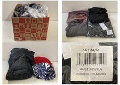 BOX OF ASSORTED ADULTS CLOTHING TO INCLUDE WOMENS GEORGE KNEE LENGTH PUFFER COAT SIZE SMALL (8/10)