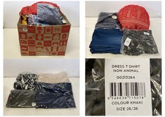 BOX OF ASSORTED ADULTS CLOTHING TO INCLUDE ZIM & ZOE ELLA WOMEN'S DRESS IN NAVY SIZE 26/28