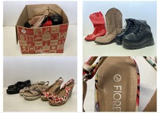 BOX OF ASSORTED SHOES TO INCLUDE EVERYDAY LOW STRAPPY BLACK WEDGE SANDAL SIZE 8