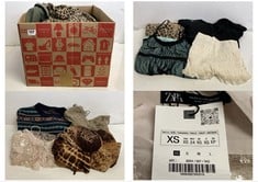 BOX OF ASSOTRTED ADULTS CLOTHING TO INCLUDE M&S COLLECTION CHEETAH PRINT ZIPPER SWEATER DRESS