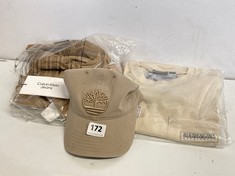 3 X ADULTS CLOTHING TO INCLUDE TIMBERLAND CANVAS LOGO BEIGE BASEBALL CAP