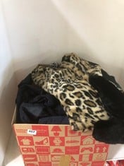 BOX OF ASSORTED ADULTS CLOTHING TO INCLUDE TOPSHOP BLACK & LEOPARD PRINT FLUFFY COAT IN UK SIZE 8