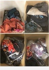 BOX OF ASSORTED ADULTS CLOTHING TO INCLUDE ORANGE RIBBED TROUSERS IN UK SIZE 10