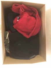 BOX OF ASSORTED ADULT CLOTHING TO INCLUDE CHAPS KNITTED JUMPER RED SIZE L/G