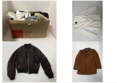 BOX OF ASSORTED ADULT CLOTHING TO INCLUDE RIVER ISLAND SINGLE BREASTED BLAZER WHITE SIZE 10