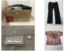 BOX OF ASSORTED ADULTS CLOTHING TO INCLUDE WOMEN'S SPORTS LEGGINGS IN GREY SIZE S