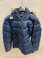 TOMMY HILFIGER KIDS HOODED PUFFER JACKET WITH FAUX FUR TRIM - NAVY - SIZE 164