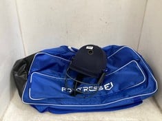 FORTRESS PRO STYLE CRICKET HELMET IN BLUE AND FORTRESS CRICKET DUFFLE BAG