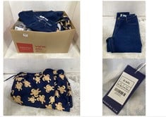 BOX OF ASSORTED ADULTS CLOTHING TO INCLUDE NEW LOOK JENNA SKINNY JEANS IN DARK BLUE SIZE 14