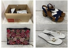 BOX OF ASSORTED ACCESSORIES TO INCLUDE DUNE LODNON LEATHER BLOCK HEELED SANDAL 762 JUDIES SIZE 6