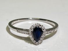 LOVE GEM 9CT WHITE GOLD PEAR BLUE SAPPHIRE AND 0.12CT DIAMOND RING - RRP £399