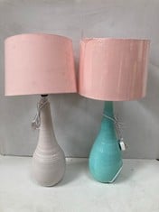 2 X STONE THE CROWS MEDIUM TEARDROP LAMP BASE IN LIGHT AQUA TO INCLUDE 1 X STONE THE CROWS LAMP SHADE IN PINK