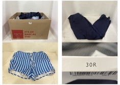 BOX OF ASSORTED JOHN LEWIS MENS CLOTHING TO INCLUDE JOHN LEWIS ANYDAY BLUE AND WHITE STRIPED SWIMMING SHORTS SIZE MEDIUM