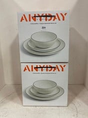 2 X JOHN LEWIS ANYDAY COLOURED RIM 12 PIECE STONEWARE DINNER SET