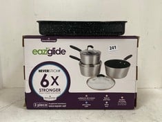 EAZIGLIDE NEVER STICK 2 30X20CM DEEP BAKING TRAY AND EAZIGLIDE 3 PIECE TOUGHENED ALUMINIUM SAUCEPAN SET