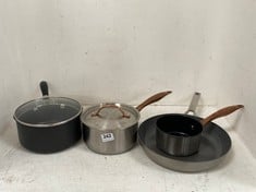 4 X ASSORTED JOHN LEWIS KITCHEN PANS TO INCLUDE JOHN LEWIS ALUMINIUM NON-STICK SMALL SAUCEPAN WITH BRONZE HANDLE