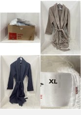 BOX OF ASSORTED CLOTHING TO INCLUDE JOHN LEWIS KAKI DRESSING GOWN