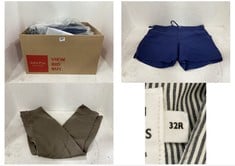 BOX OF ASSORTED CLOTHING TO INCLUDE JOHN LEWIS DARK BLUE SHORTS IN SIZE MEDIUM