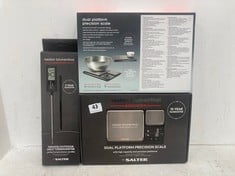 3 X ASSORTED KITCHEN EQUIPMENT TO INCLUDE SALTER HESTON BLUMENTHAL PRECISION INDOOR/OUTDOOR MEAT THERMOMETER