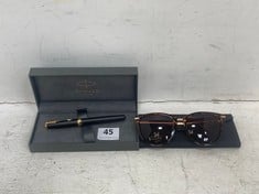 KATIE LOXTON SARDINIA SUNGLASSES IN TORTOISESHELL AND PARKER IM METAL TRIM ROLLERBALL PEN